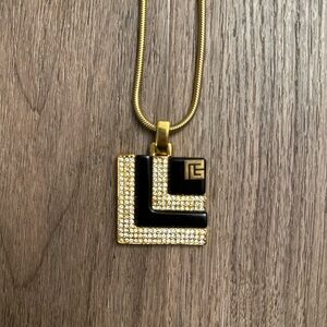 Vintage Balmain Gold and Black Square Pendant Necklace